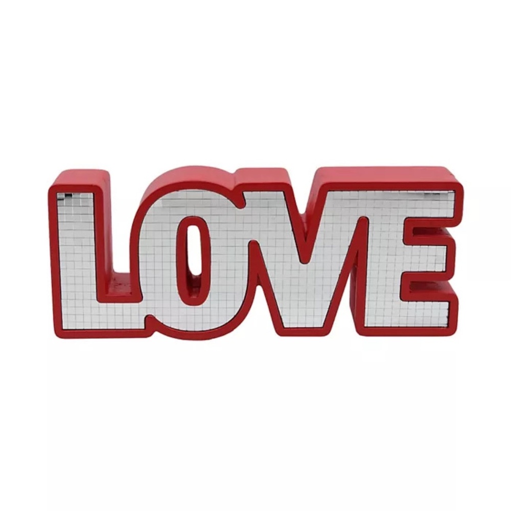 mirror tile and wood “love” tabletop sign